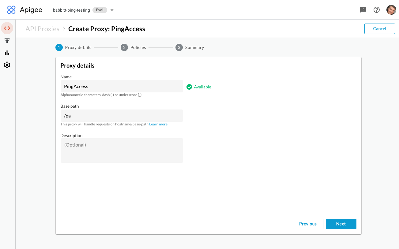 A screen capture showing the Proxy Details page with in the Name field and /pa in the Base path field.