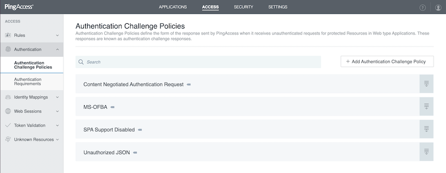 Screen capture of the Authentication Challenge Policies page. The system-provided authentication challenge policies are marked with a grey flag.