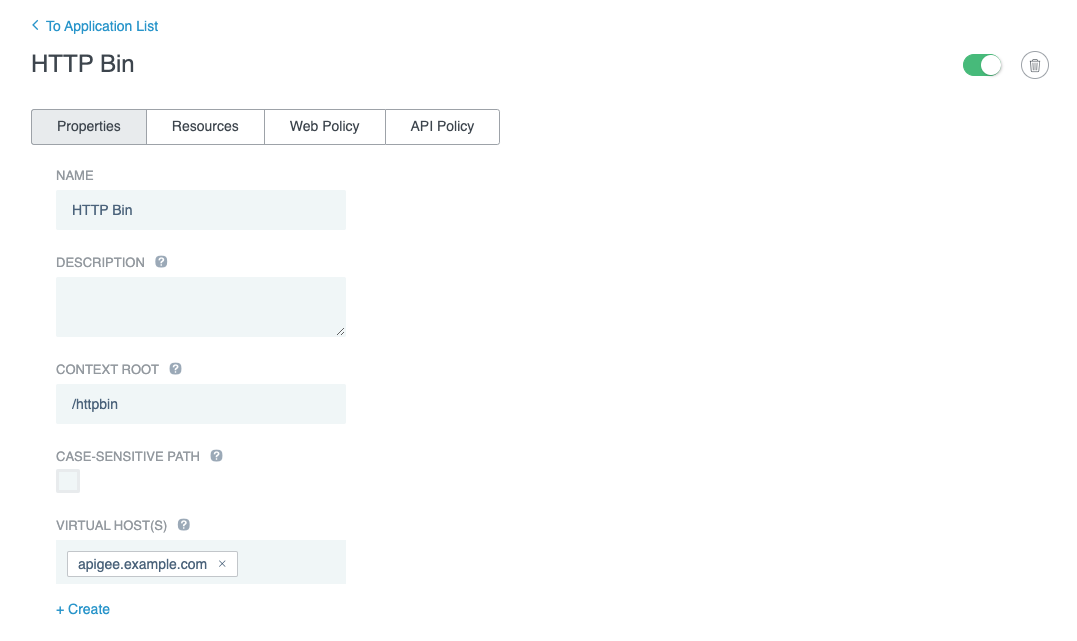 This screen capture shows the top of a completed API application. The Name, Context Root, and Virutal Host(s) fields are filled out accordingly.