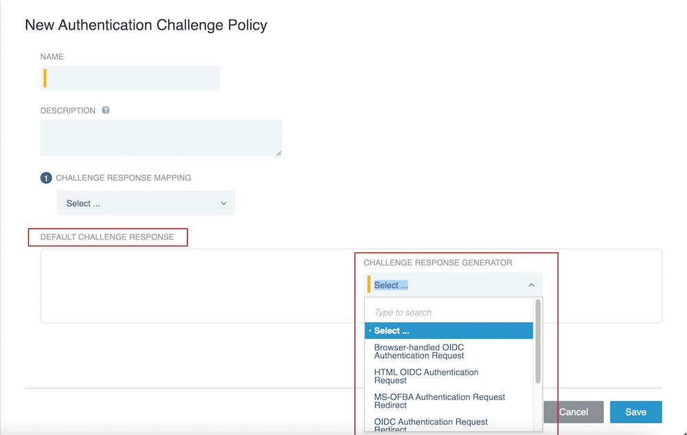 Screen capture of the options in the Challenge Response Generator field. Make sure to use the selector in the Default Challenge Response section.