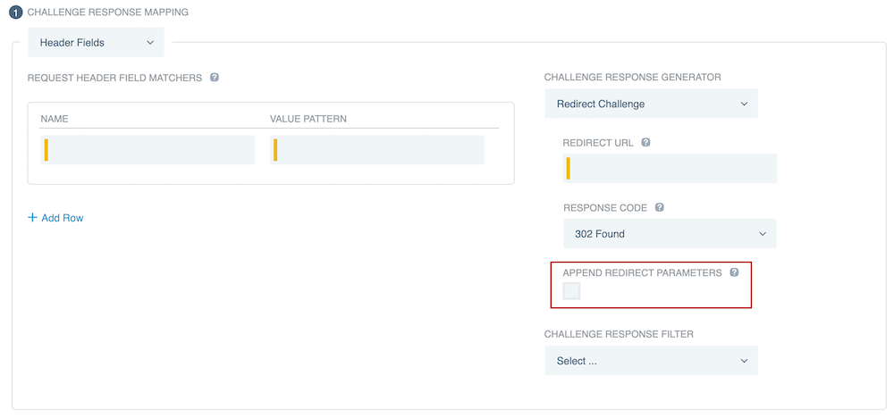 Screen capture of the Append Redirect Parameters check box, which appears when you select Redirect Challenge.