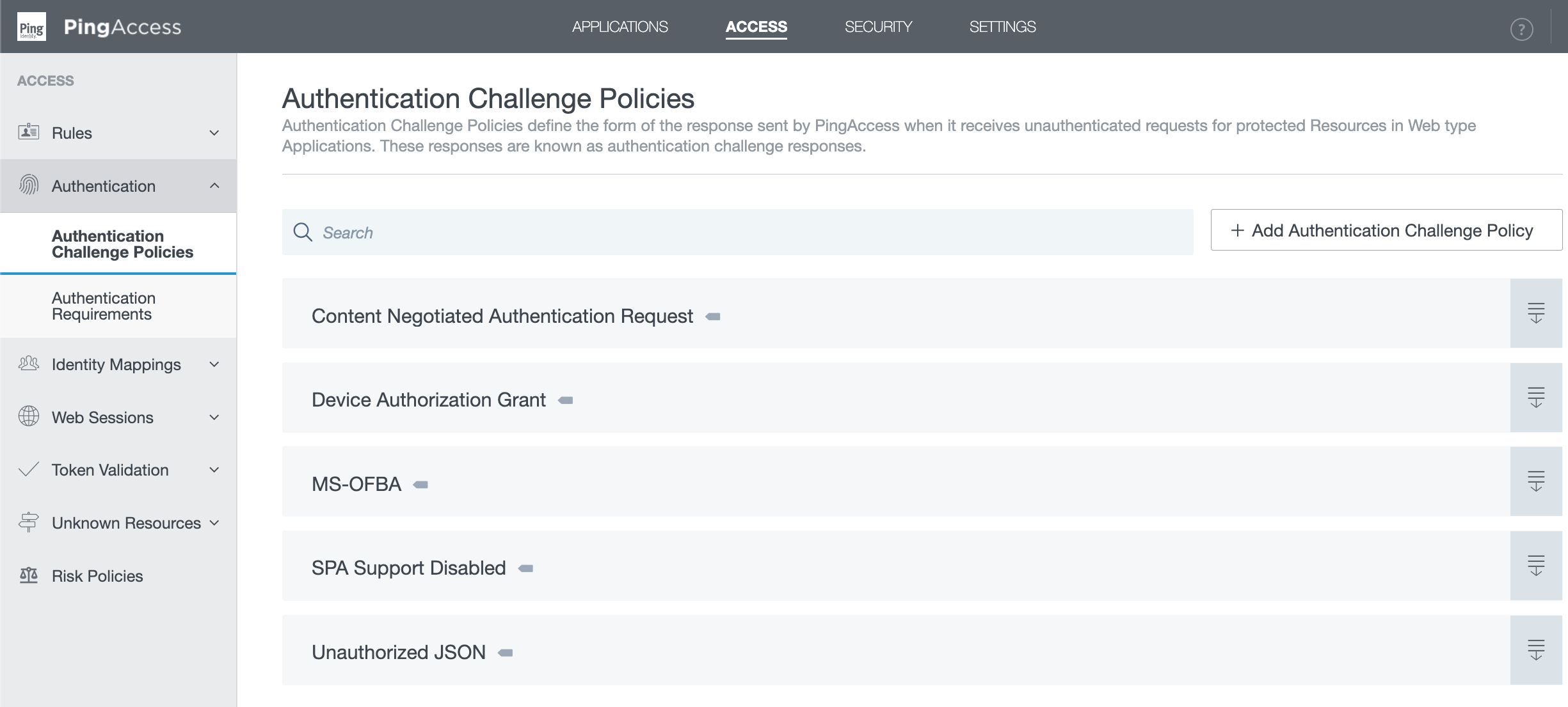 Screen capture of the Authentication Challenge Policies page. The system-provided authentication challenge policies are marked with a grey flag.