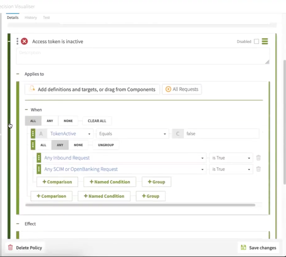 Screen capture of an example Access token is inactive rule.