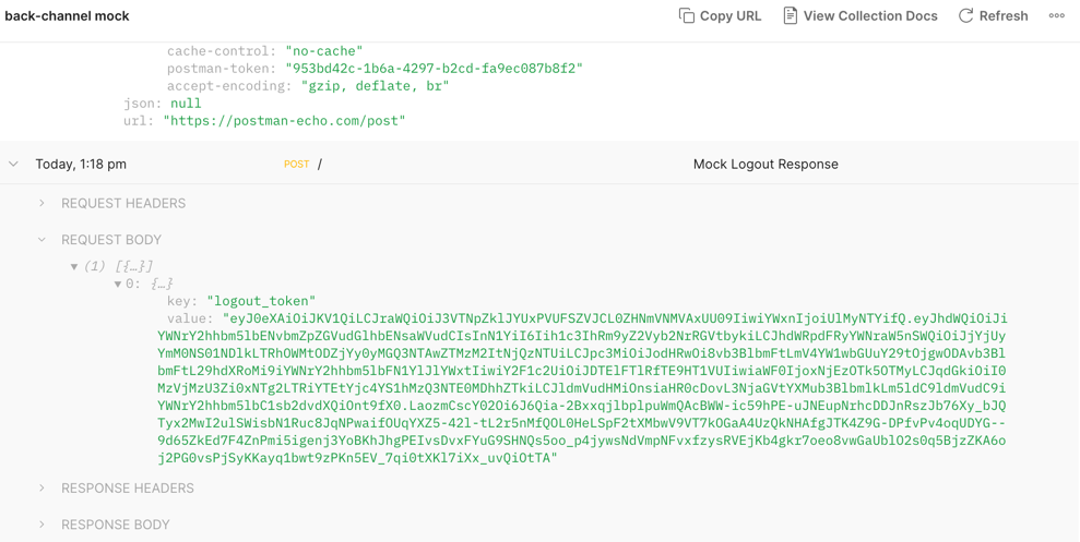 A screenshot of the Postman mockup server window showing the response body expanded. The logout token is also visible.