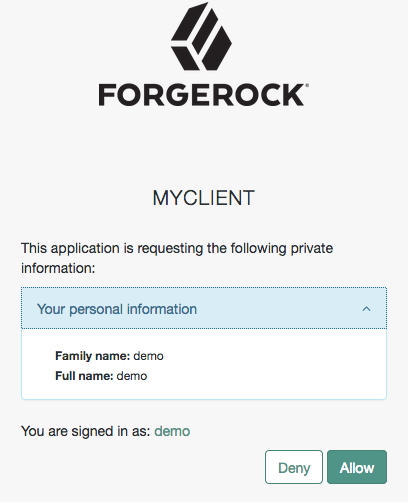 The OpenID Connect AM user interface consent screen requesting access to the profile scope.