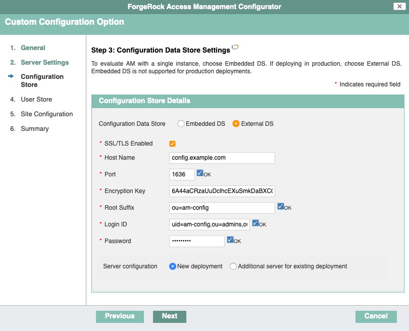 In non-evaluation deployments, configuration resides in an external DS server.