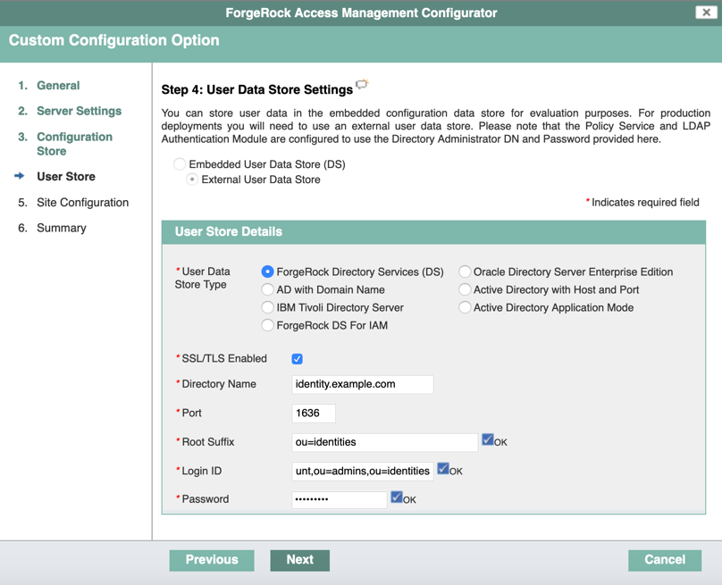 See the AM user store settings below.