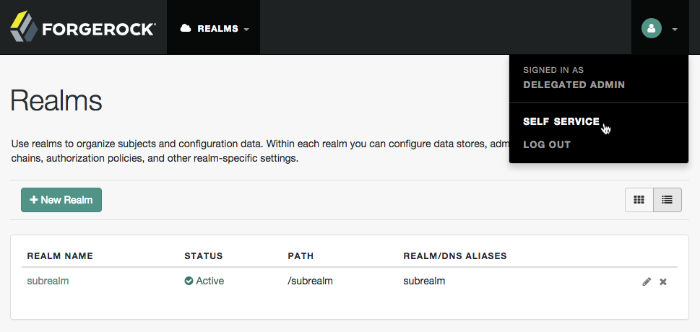 Delegated administrators are able to switch between the self-service profile and administration pages.