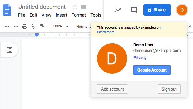 Google Docs showing a federated identity authenticated by AM, the trusted IdP.