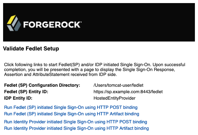 The home page for the demo Fedlet lets you try SP-(Fedlet-)initiated and IdP-initiated single sign-on and single logout.
