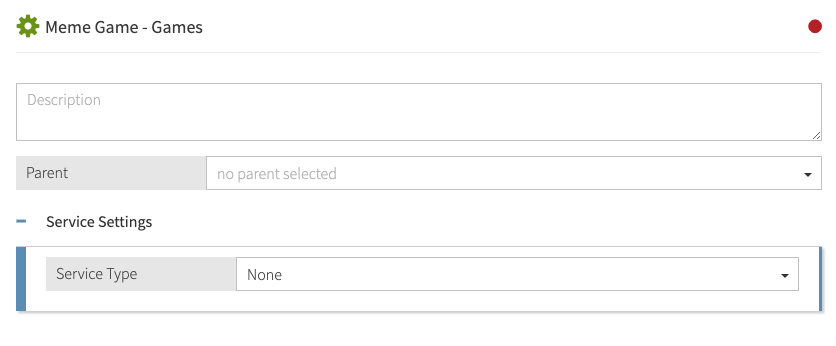 Screen capture of the Service definition screen for Meme Game - Games with the Parent field blank
