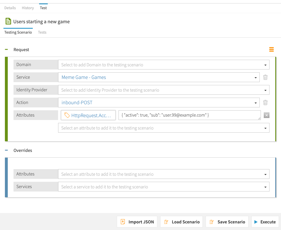 Screen capture of the test scenario screen with the Service, Action, and Attributes defined as indicated and the Execute button in the bottom right