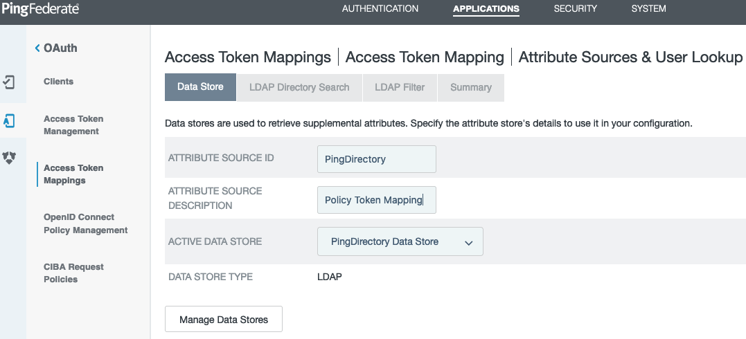 Screen capture of the Data Store tab on the Access Token Mappings window, displaying the PingDirectory Data Store selected in the Active Data Store list