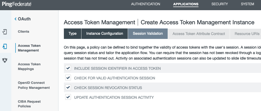 Screen capture of the Session Validation tab on the Access Token Management window showing all check boxes selected