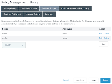 Screen capture of the Attribute Scopes tab on the Policy Management window, with the email attribute mapped to the email scope, and the name attribute mapped to the profile scope