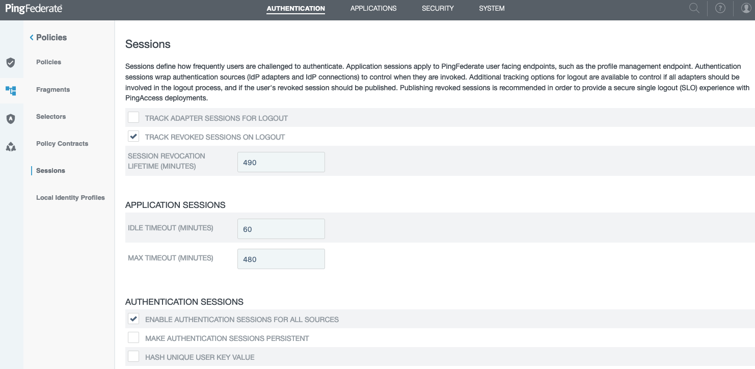 Screen capture of the Sessions window with the Track Revoked Sessions on Logout and Enable Authentication Sessions For All Sources check boxes selected