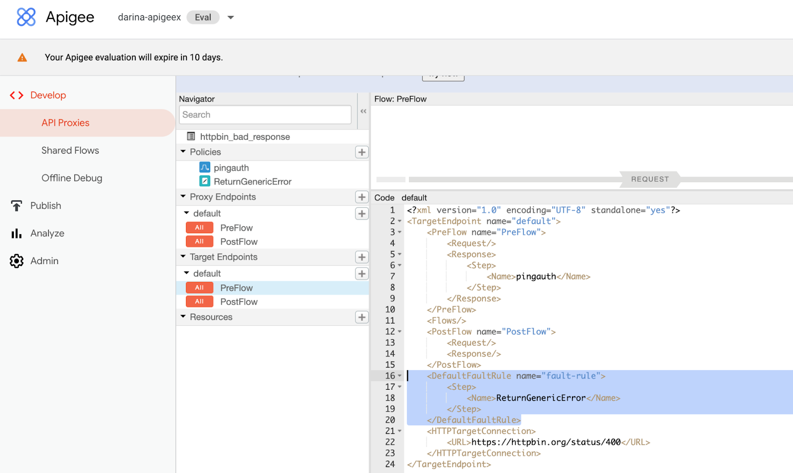 Screen capture of adding the ReturnGenericError policy as a step within the DefaultFaultRule for the API proxy in Apigee