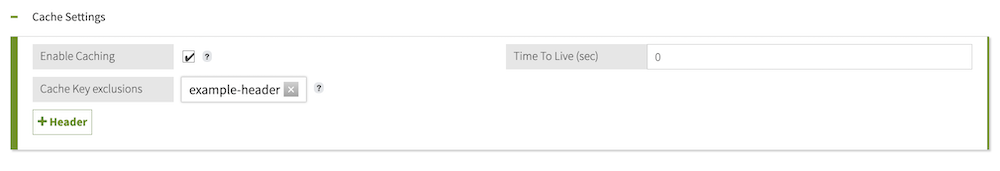 Screen capture of the Cache Settings section of a service with the Enable Caching checkbox selected and an example header exclusion