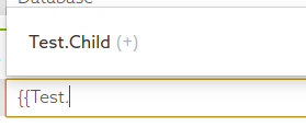 Screen capture showing two open curly braces opening the attribute tree menu to reference Test or children of Test