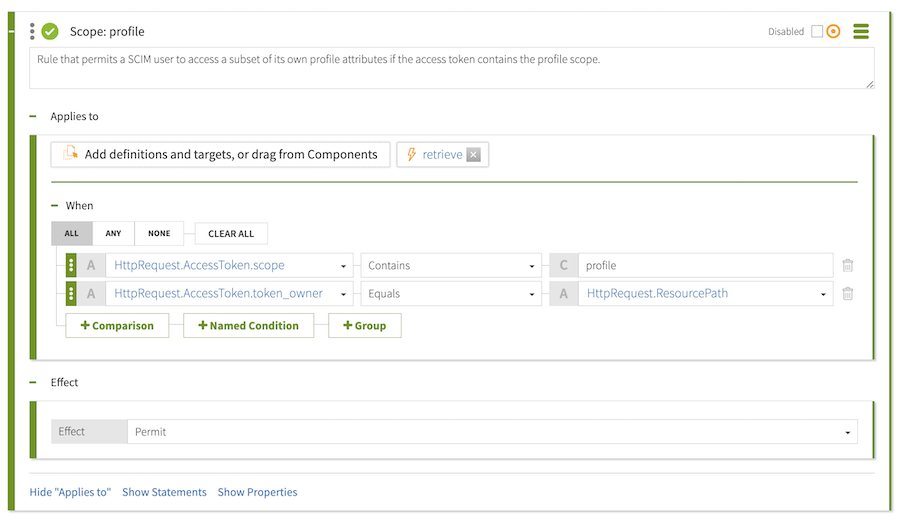 Screen capture of the Scope: profile rule with a permit effect, configured as specified with an Applies To target, two comparison Conditions, and an Include profile attributes statement, flagged as Obligatory