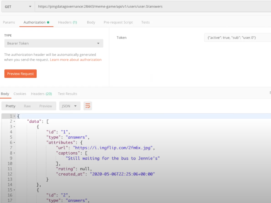 Screen capture of request to /meme-game/api/v1/users/user.0/answers by user.0