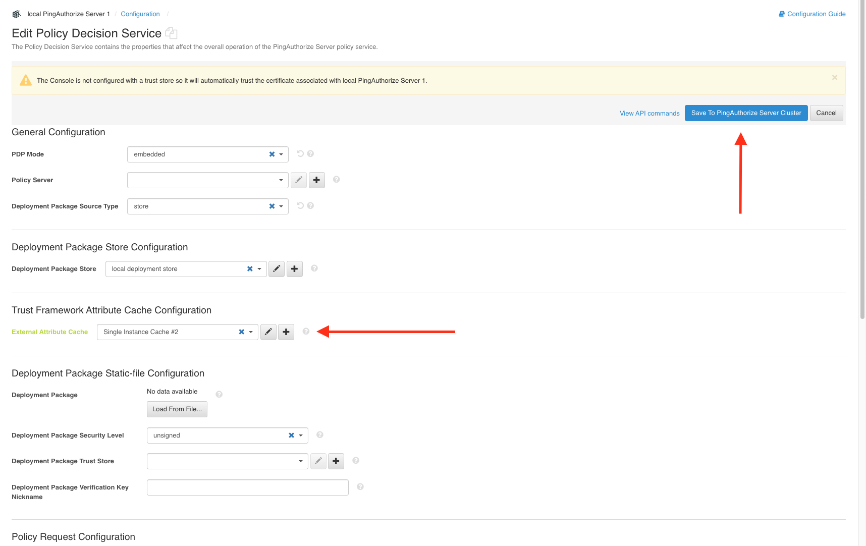 Screen capture of the External Attribute Cache list with arrows point to the list and the save button