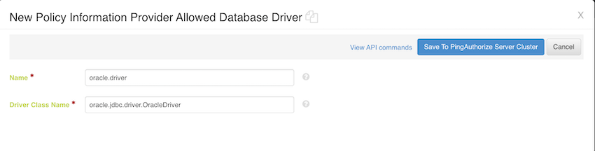 Screen capture of the New Policy Information Provider Allowed Database Driver wizard with sample values in the Name and Driver Class Name fields