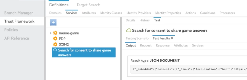 Screen capture that shows a JSON consent test result