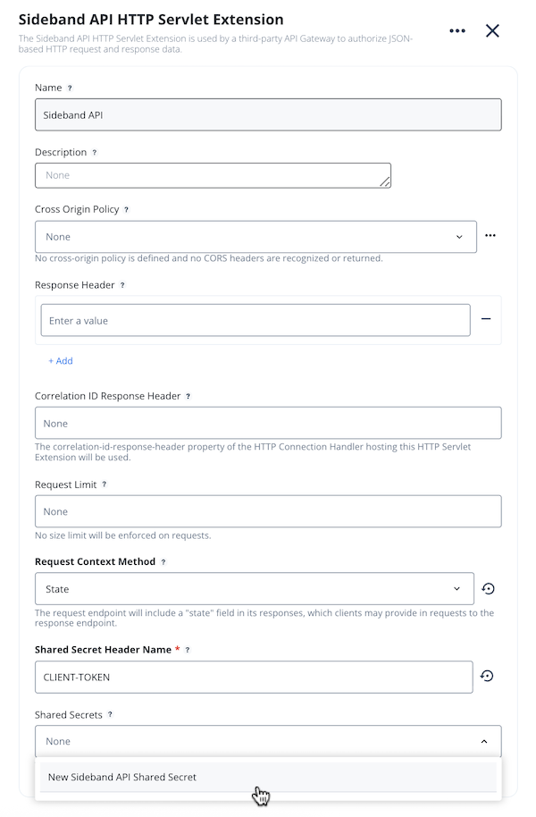 Screen capture of the Sideband API HTTP Servlet Extension window with settings configured as previously specified for Kong Gateway