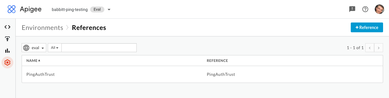 Screen capture of the Apigee References page after creating a PingAuthorize key store reference called PingAuthTrust