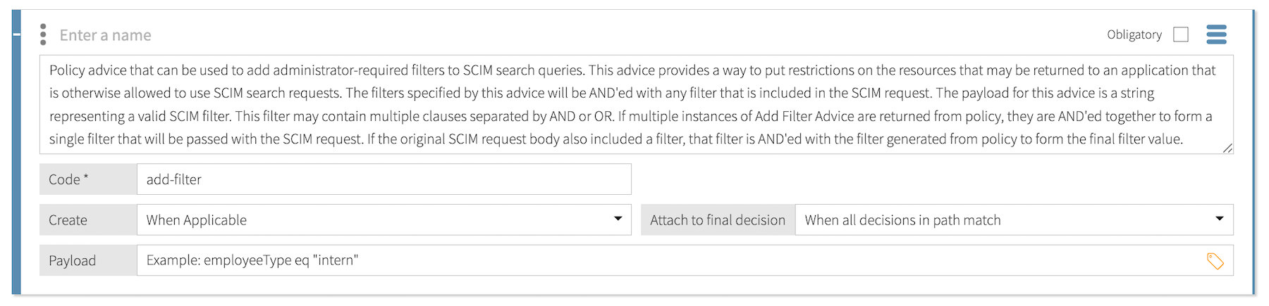 Screen capture of the add-filter statement template.