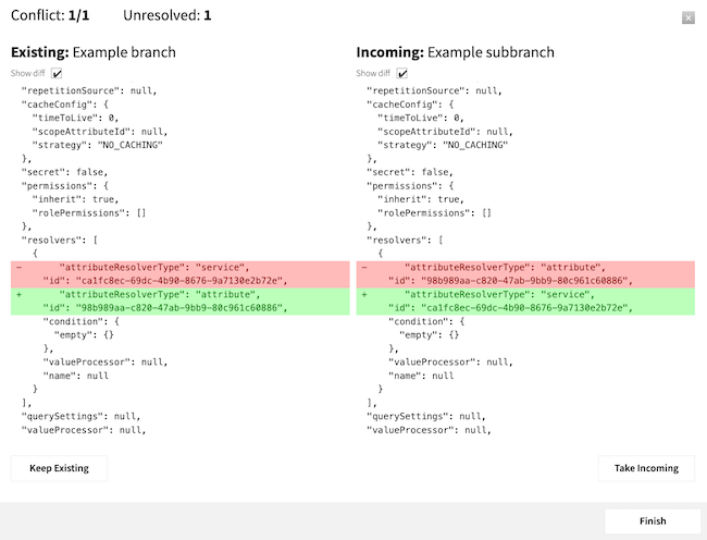 Screen capture of the conflict resolution visualizer with the conflicting changes higlighted.