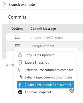 Screen capture of the commit hamburger menu with the Create new branch from commit option highlighted.