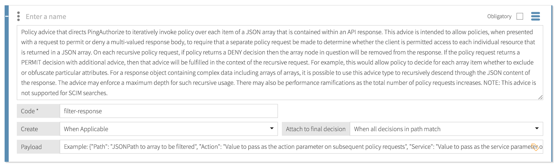 Screen capture of the filter-response statement template.