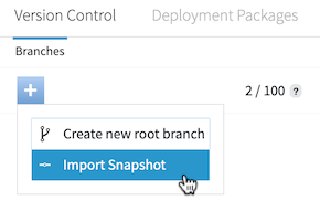 Screen capture of the Import Snapshot option highlighted on the Version Control tab.
