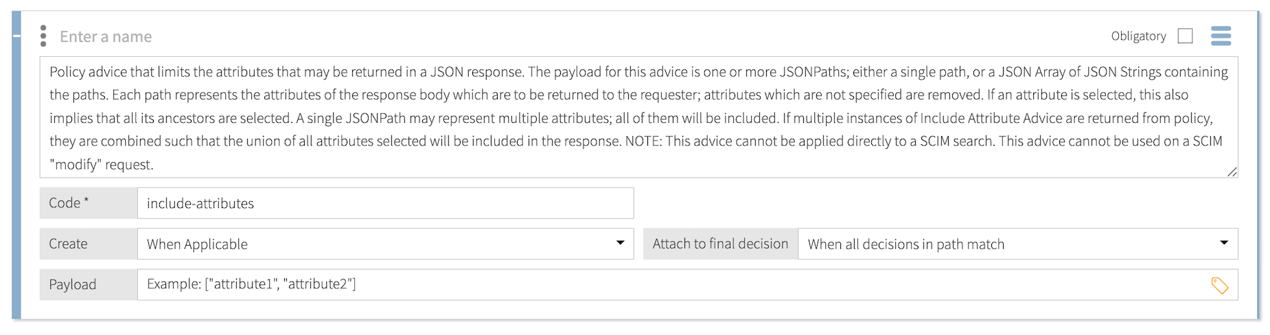 Screen capture of the include-attributes statement template