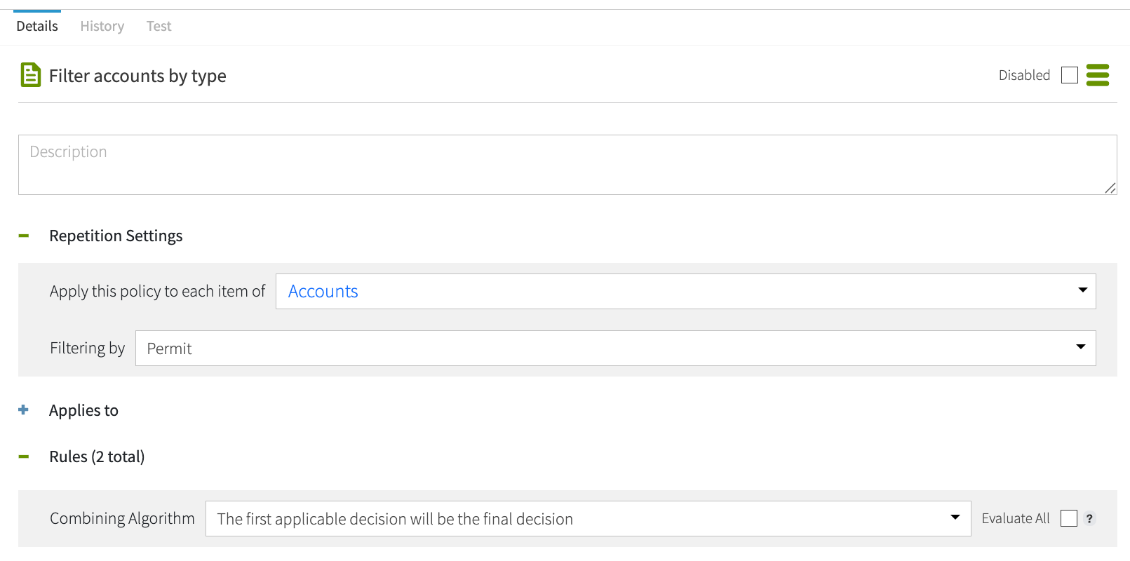 Screen capture of the Repetition Settings, including drop-down lists for Apply this policy to each item of and Filtering by
