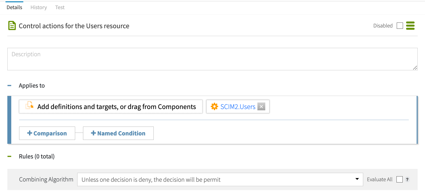Screen capture of the Policies tab displaying the Control actions for the User resource policy, configured as specified