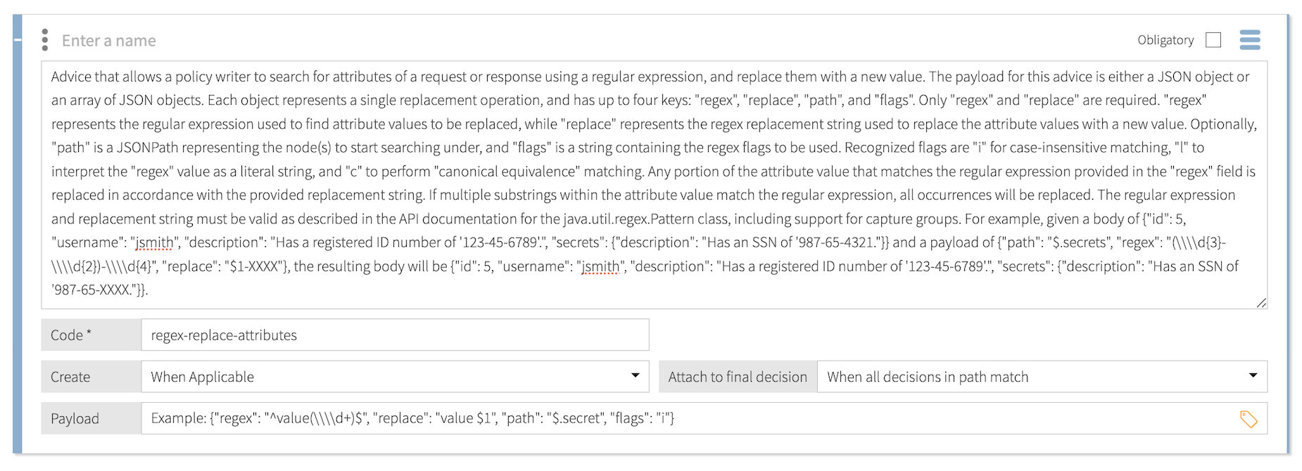 Screen capture of the regex-replace-attributes statement template.