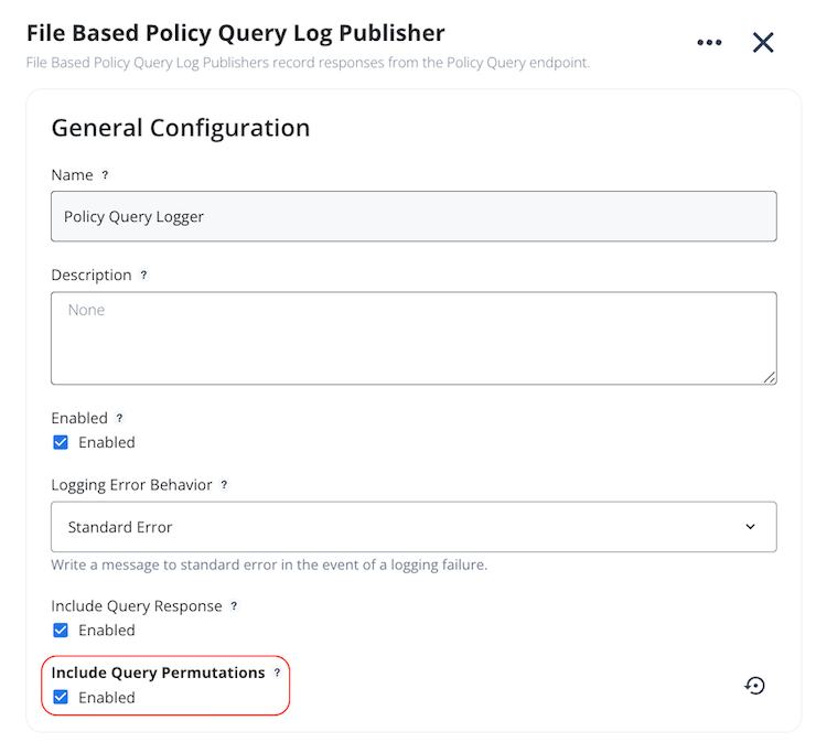 Screen capture of the Policy Query Logger configuration page with the Enable Query Permutations check box selected.