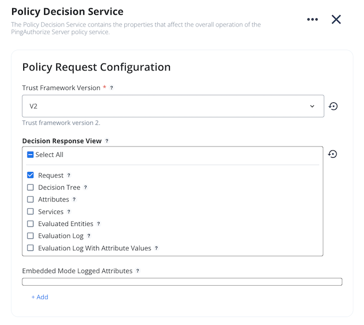 Screen capture of the Decision Response View configuration in the administrative console with the Request view selected.