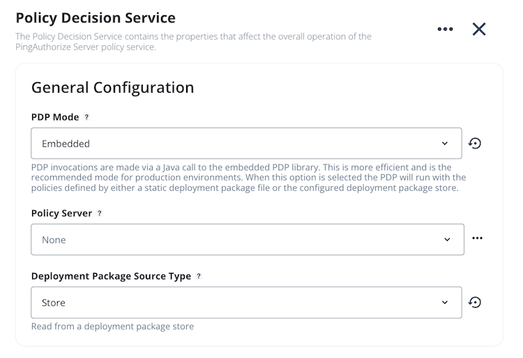 Screen capture of the General Configuration section of the Edit Policy Decision Service page, showing PDP Mode set to embedded and Deployment Package Source Type to store