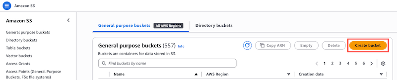 Screen capture of the AWS S3 Buckets page, with the Create bucket button highlighted