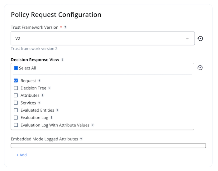 Screen capture of the Decision Response View in the Policy Request Configuration section of the admin console, with the request view selected