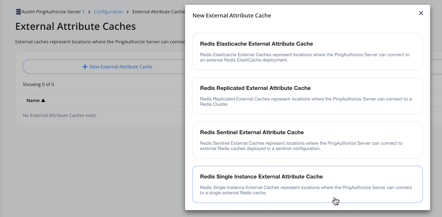 Screen capture of the options in the New External Attribute Cache list, with arrows pointing to the button and a selected option