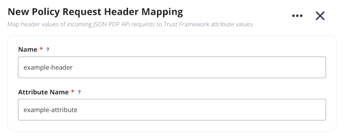 Screen capture of the New Policy Request Header Mapping page, with sample values included in the Name and Attribute Name fields