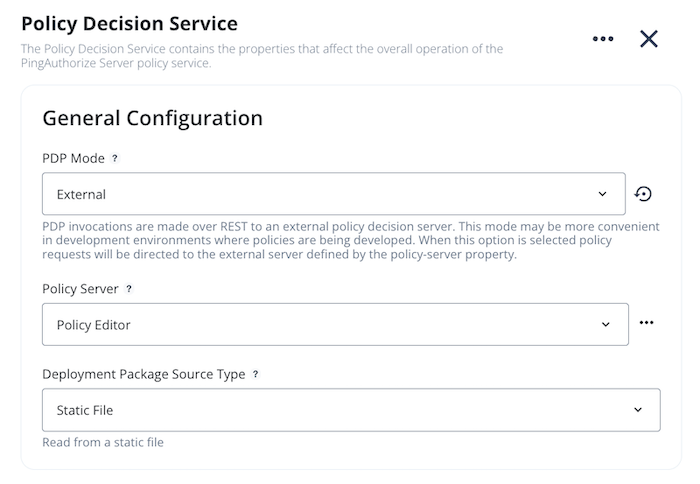 Screen capture of the Edit Policy Decision Service window with the PDP Mode and Policy Server lists configured as specified