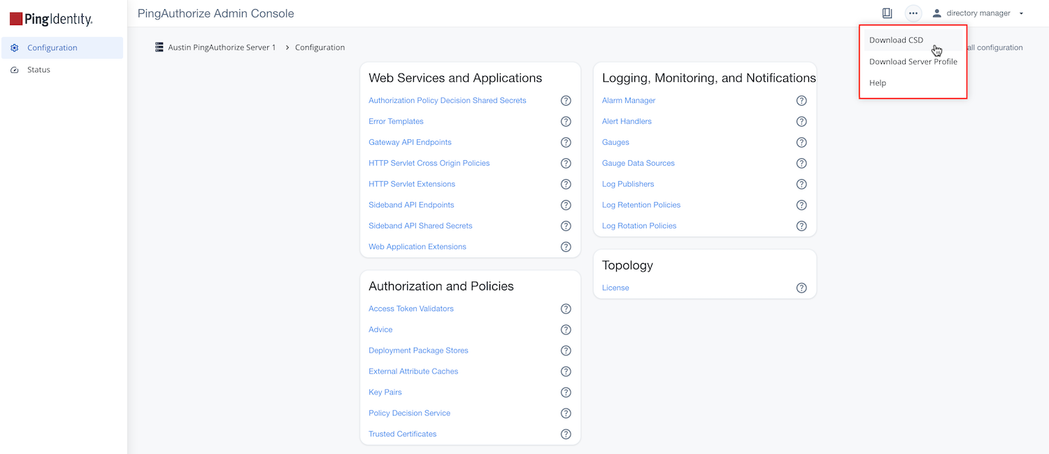 Screen capture of the PingAuthorize admin console with the Download CSD option highlighted.