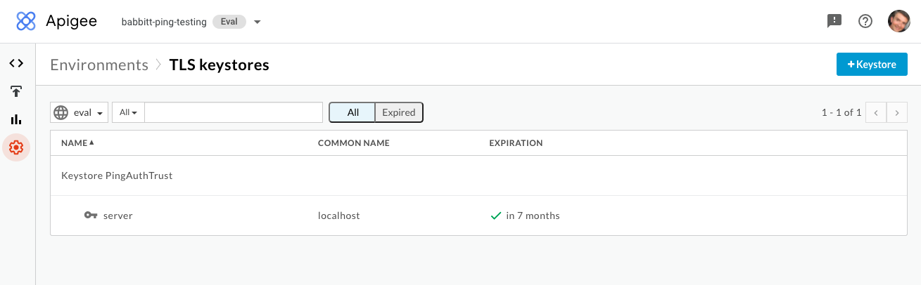 Screen capture of the TLS keystores page in Apigee with a PingAuth key store that contains the server certificate
