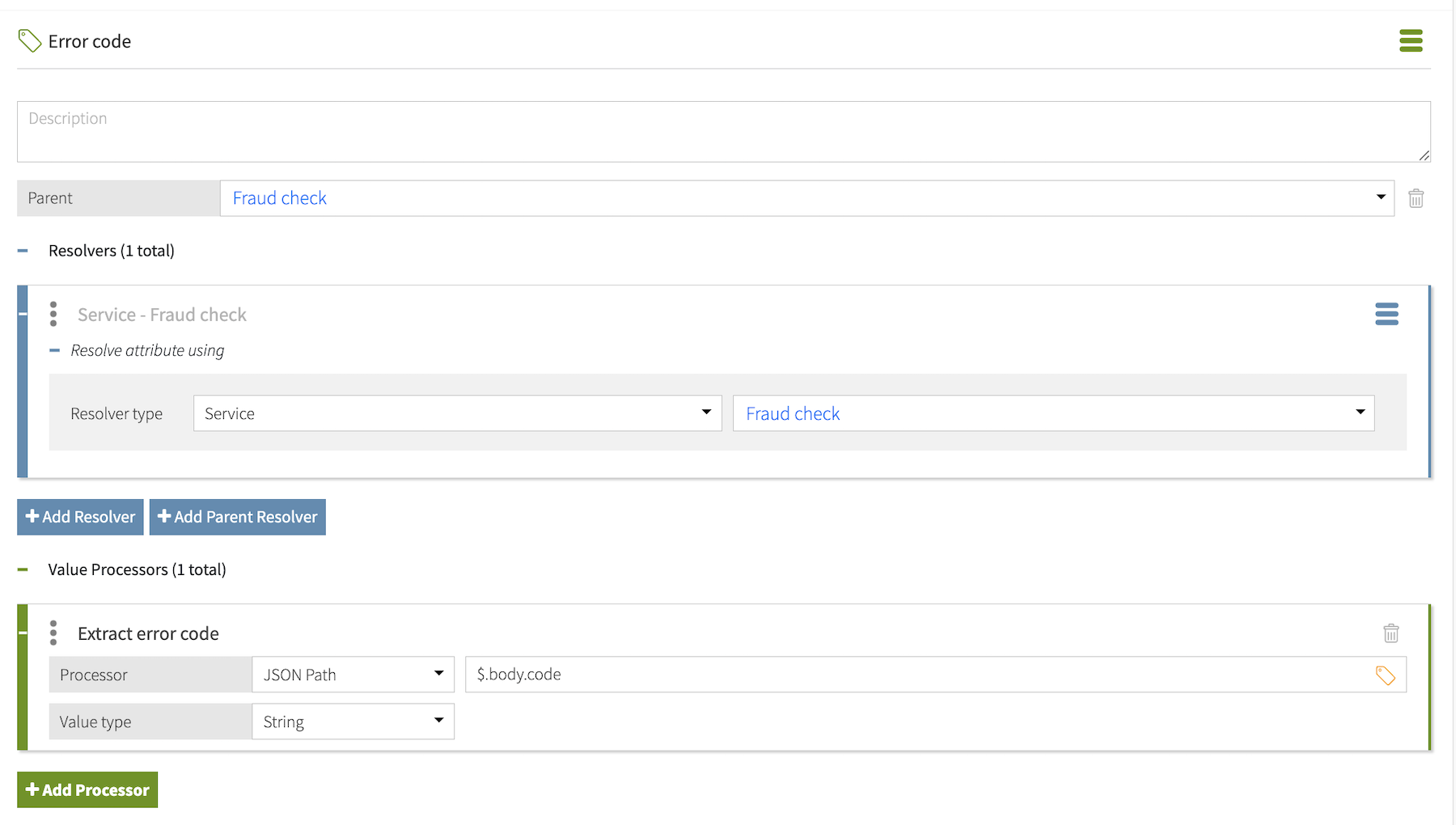 Screen capture of an error code attribute that resolves from the fraud service.
